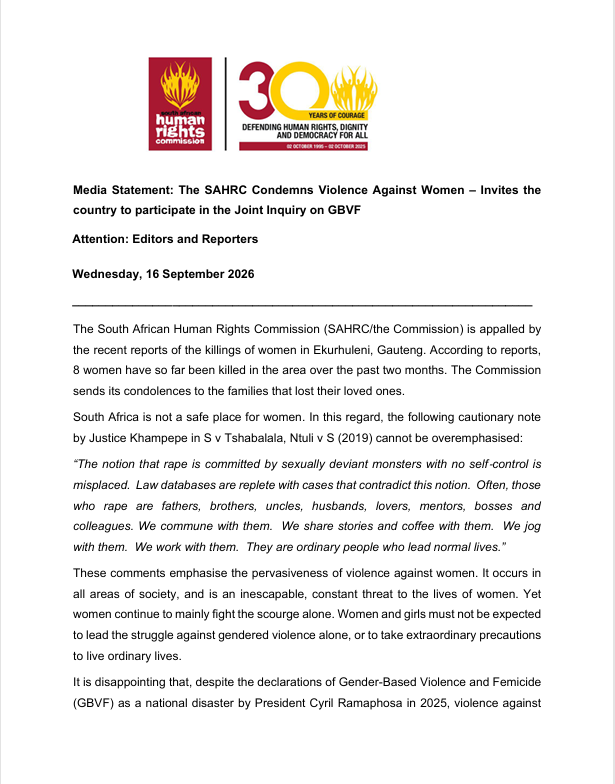 SAHRCommission's tweet photo. The SAHRC condemns violence against women - invites the country to participate in the upcoming joint Inquiry by the SAHRC, Commission for Gender Equality and CRL Rights Commission on Gender Based Violence taking place from 28 September - 02 October 2026. https://t.co/NQOCGU4VcO