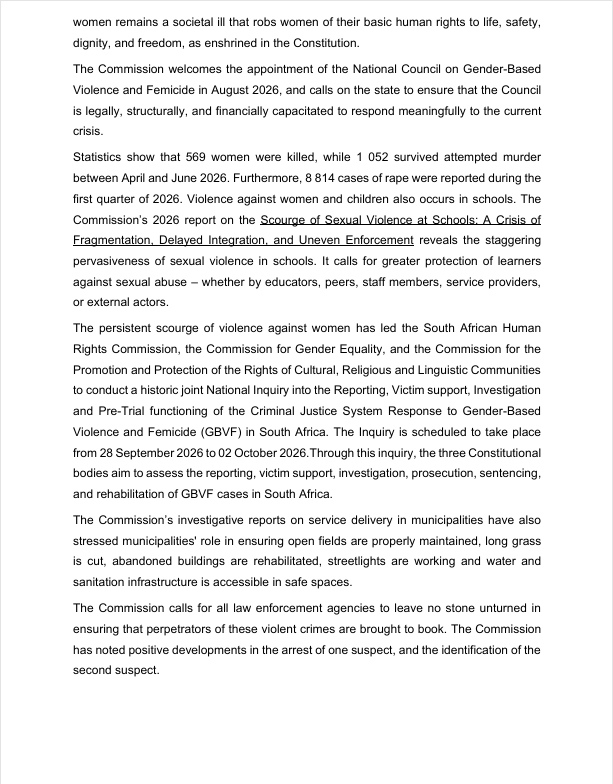 SAHRCommission's tweet photo. The SAHRC condemns violence against women - invites the country to participate in the upcoming joint Inquiry by the SAHRC, Commission for Gender Equality and CRL Rights Commission on Gender Based Violence taking place from 28 September - 02 October 2026. https://t.co/NQOCGU4VcO