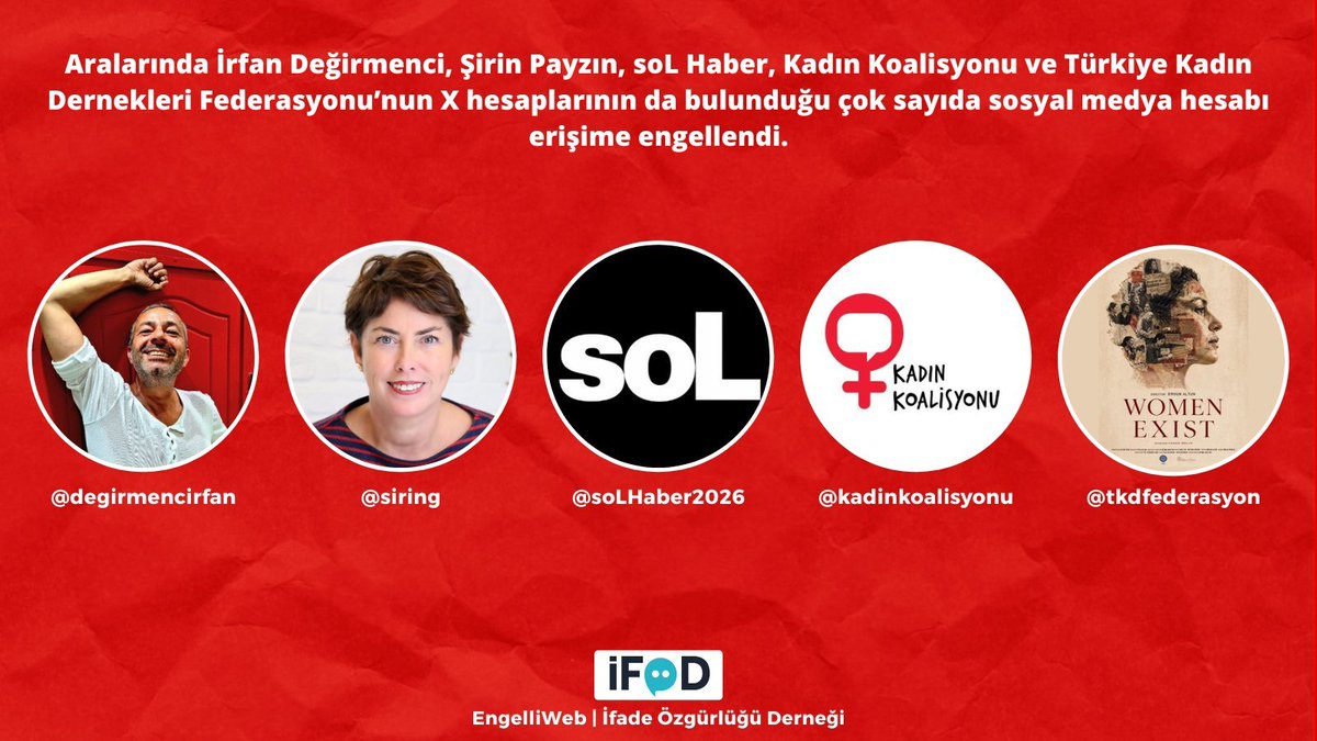 BirGun_Gazetesi's tweet photo. Aralarında İrfan Değirmenci, Şirin Payzın, soL Haber, Kadın Koalisyonu ve Türkiye Kadın Dernekleri Federasyonu’nun X hesaplarının da bulunduğu çok sayıda sosyal medya hesabı erişime engellendi

https://t.co/XJyNL7BQeb https://t.co/FletluyvHD