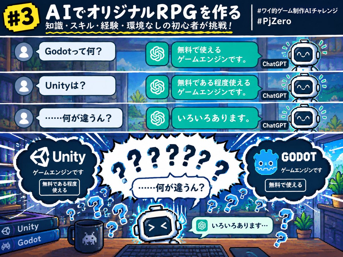 Tetchy_ch's tweet photo. #3
ワイ「まずゴードットって何?」
GPT「Godotは無料で使えるゲームエンジンです」
ワイ「Unityは?」
GPT「Unityは無料である程度使えるゲームエンジンです」
ワイ「……何が違うん?」
GPT「いろいろあります」
ワイ「(´Д`)」
#ワイ的ゲーム制作AIチャレンジ
#PjZero https://t.co/gtBEC7829W