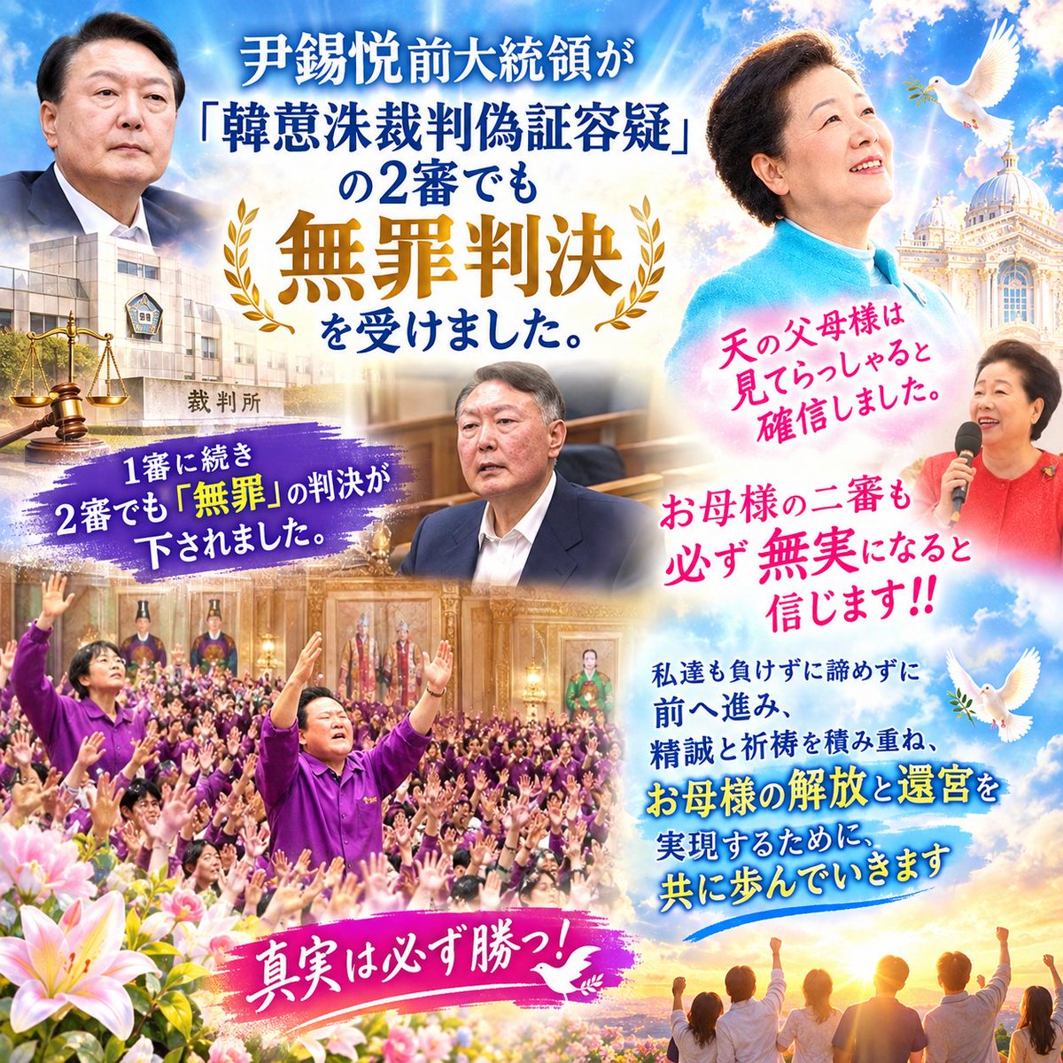 grBpVBUfEx97936's tweet photo. 天心苑徹夜精誠祈祷会も1654回突破しました。尹前大統領が一審も二審も無罪を勝ち取りました📢🕊️
私は確信しました。必ずお母様が無実になると信じます🕯️🕊️✨✨
この判決での無罪はとても大きいと感じます。諦めなければ必ず無実になり天が動きお母様が解放し還宮されると感じます。🕊️🕯️✨ https://t.co/FzAZxc7xwH