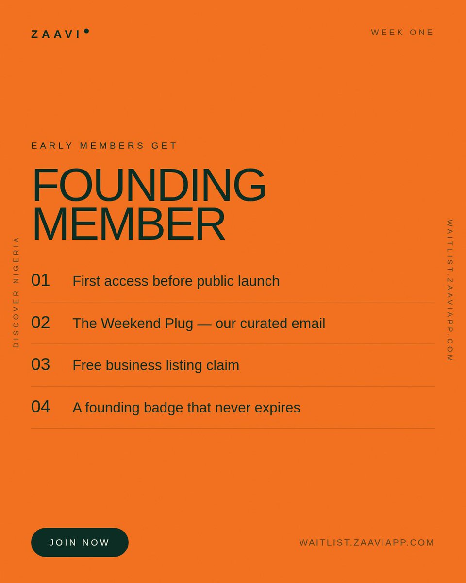 zaaviapp's tweet photo. Get early access, The Weekend Plug email, a free business listing claim, and an exclusive Founding Member badge. 🏷️

It takes just 30 seconds — name + email.

#Zaavi #FoundingMember #EarlyAccess #DiscoverNigeria #JoinTheWaitlist https://t.co/UFigdAO4Lz