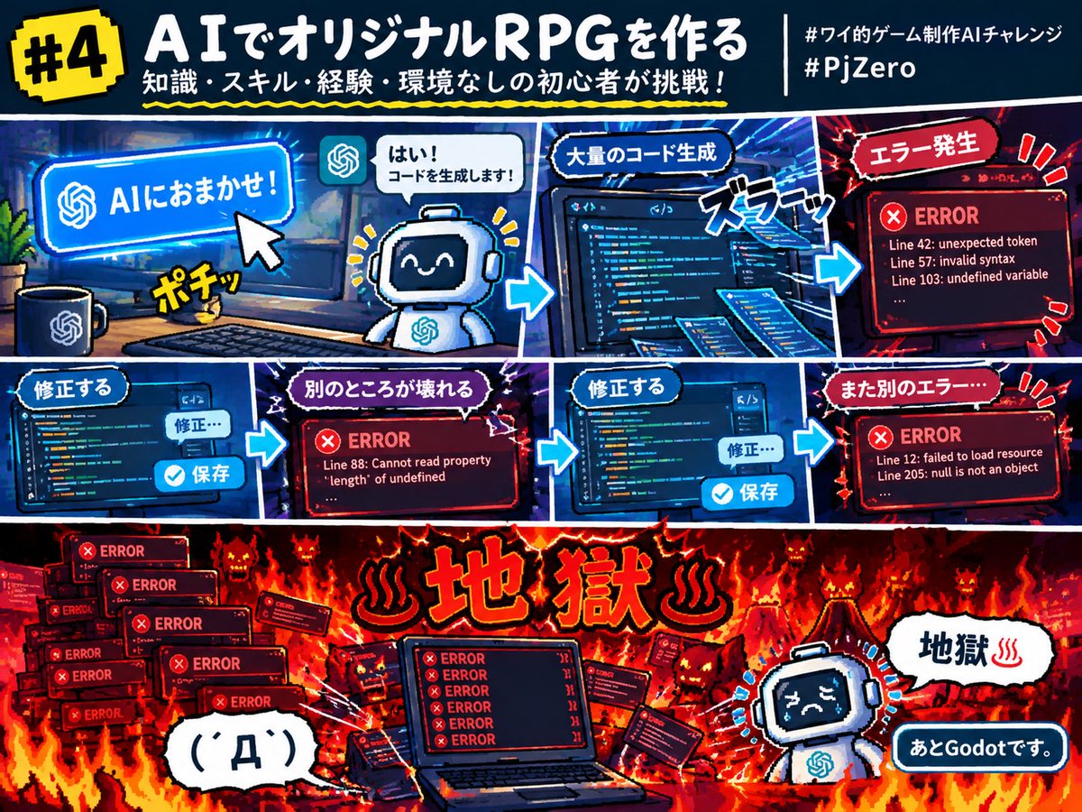 Tetchy_ch's tweet photo. #4
ワイ「じゃあ、AIにゴードットのこと教えてもらいながら作ればいいか」
GPT 「はい。ただし、AIに全部丸投げするのはおすすめしません。
大量のコードを生成
↓
エラー
↓
修正
↓
別のところが壊れる
↓
修正
↓
地獄♨️
↓
(´Д` )
���とGodotです」
#ワイ的ゲーム制作AIチャレンジ
#PjZero https://t.co/nYK5TC4ePE