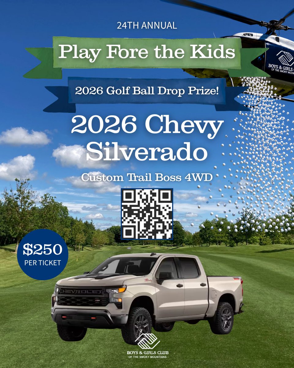 OwnbyInsurance's tweet photo. The 2026 Golf Ball Drop is officially underway! Purchase your ticket for a chance to win a 2026 Chevy Silverado Custom Trail Boss 4WD while supporting the Boys &amp; Girls Club of the Smoky Mountains. Scan the QR code or visit the link in our comments to get your tickets today! ⛳🚁 https://t.co/qWoocIzKSt