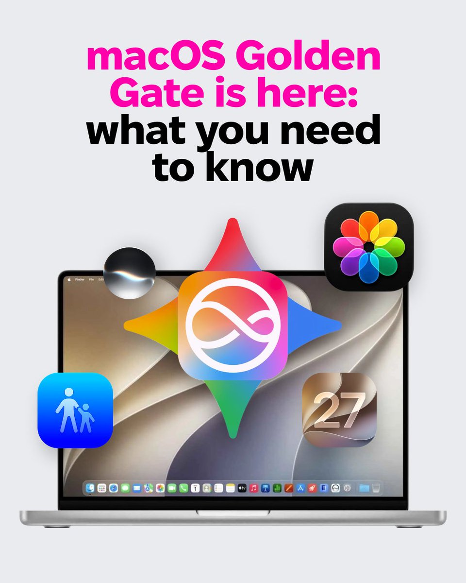 MacPaw's tweet photo. macOS Golden Gate is here 🌉

A smarter Siri. App schedules that work around your kids' day. Photo edits you couldn't make before.

We've covered every major update so you don't have to. Swipe through to see what's changed and what it means for your Mac 👇
 
#macOSGoldenGate https://t.co/yEr21vU1dG