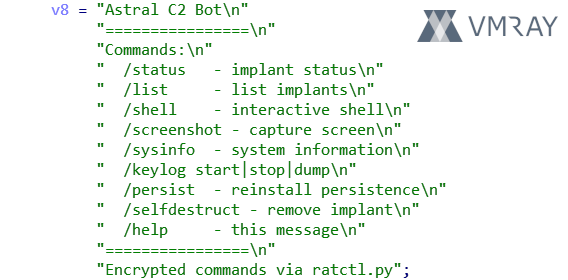 vmray's tweet photo. 🔎 New Telegram-based RAT with capabilities for (almost) every scenario: Astral C2

🔗 Report: https://t.co/PAZ5CQcB3K

We found a new Telegram-based RAT “Astral C2”, first uploaded to VirusTotal on 2026-09-13. This implant offers advanced capabilities for the operator with Telegram as a sole C2 channel.

💡 In a nutshell:
- Astral C2 observed with C2 via Telegram bot “bot8943612540:AAG0J2fqQC21igji3gD5gabJu-t5fvPRCz4” (Telegram username: astral_c2_bot)
- Pulls /getUpdates API endpoint for operator commands, /sendMessage and /sendDocument for exfiltration
- Only activates malicious behavior after operator command
- Contains capabilities for smash-and-grab stealer operations, as well as advanced intrusions
        The observed sample contains targeting for game cheats, crypto exchanges, email providers, and Russian banks
- Telegram as a C2 channel often avoids reputation based alerting or blocking
- Plaintext commands for basic functionality like keylogging, implant status and interactive shell
- Encrypted advanced functionality via operator tooling “https://t.co/2lBlsjh2FO”
        Credential theft (e.g. Browsers, applications, and LSASS dumping)
        Privilege escalation (e.g. SeDebugPrivilege, UAC Bypass)
        Screenshots, webcam, microphone and clipboard access
        Lateral movement
        Code injection
        Anti-forensics
        SOCKS5 proxy and port-forwarding

🗝️ Recommendation:
Monitor or block Telegram API access (api[.]telegram[.]org) due to Telegram being an increasingly popular C2 channel for malware and phishing