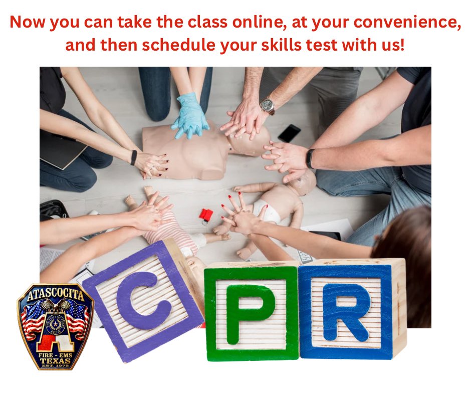 AtascocitaFire's tweet photo. Complete the course online, at your convenience, and then schedule your skills check with us!
 
Heart Code CPR  Skills Check

Step1 -Register and complete an AHA Heart Code online   -  https://t.co/wL6e4nBa7b  (AHA costs are additional)
 
Step 2-Optional preregister and pay $35 fee at:
 
https://t.co/JtNADqMN9n
 
Walk-ins welcomed
 
Step 3 –Attend a skills check off at Atascocita Fire Department/18425 Timber Forest Drive  Don’t forget to bring your AHA completion certificate.

Dates and Times
 
October 15   6p-9p
November 12 6p -9p
December 17 p-9p