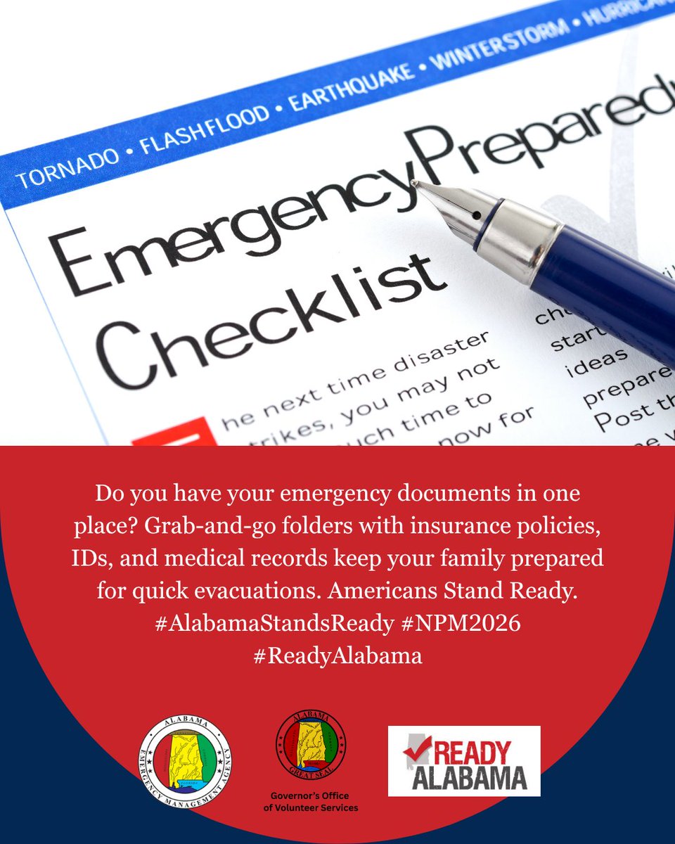 AlabamaEMA's tweet photo. Do you have your emergency documents in one place? Grab-and-go folders with insurance policies, IDs, and medical records keep your family prepared for quick evacuations. Americans Stand Ready.
#AlabamaStandsReady #NPM2026 #ReadyAlabama https://t.co/xTTKHQywI5