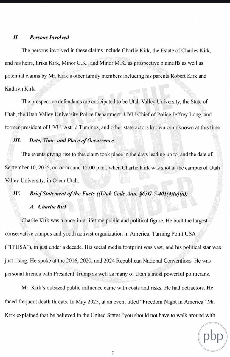breakthechamber's tweet photo. 💡 NEW COURT FILING 💡
The Kirk family has officially filed a notice of claim for wrongful death against Utah Valley University (et al.).

Check the comment for the last 4 pages of the filing 👇

@VigilantVenison @Villgecrazylady @RealCandaceO @baroncoleman @ZachCostello_ @IanCarrollShow @iamcoachcolin @CharlotteLee_88 @EcologicalCrime @EntheoEsq @Tay_William45 @AcmePhoto @CrystalSmallen @HadynWood  @alleytopfiles @shytownhitman