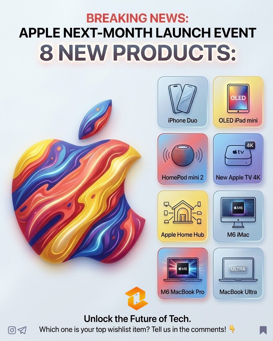 JaniMuhammad's tweet photo. 🚨 Apple Could Launch 8 NEW Products Next Month! 🍎🔥

Apple is reportedly preparing another major product wave 😀

Which one are you waiting for? 👀👇

#Apple #iPhoneDuo #AppleEvent #TechNews #fblifestyle https://t.co/Y6UrVKunXP