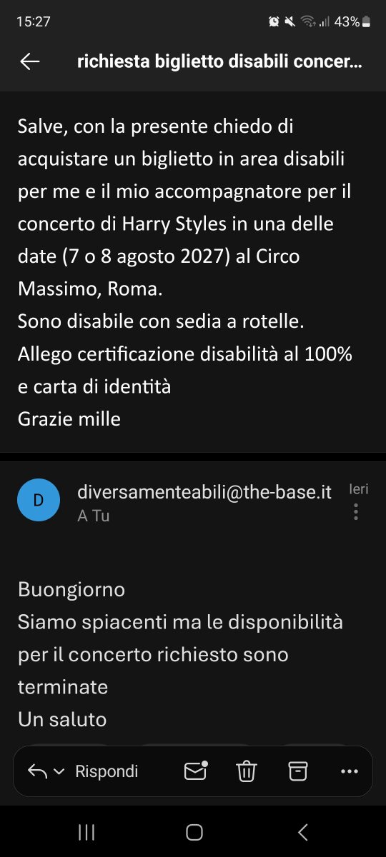 chialaaa's tweet photo. Email inviata lunedì 14 settembre ore 16.01. Le richieste dovevano essere inviate a partire dalle ore 16. A voi i commenti. @LiveNationIT @Harry_Styles @HSHQ https://t.co/tCiqrPLNOp