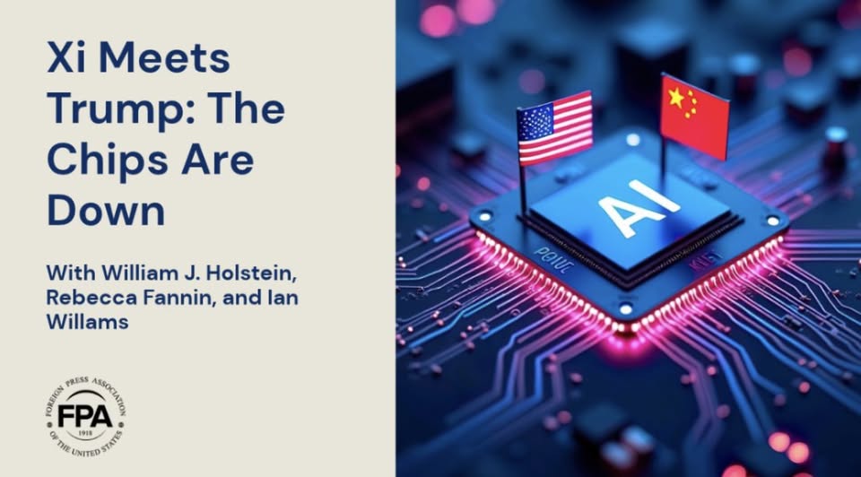 rfannin's tweet photo. Reposting @opcofamerica 
Xi Meets Trump: The Chips Are Down.  
Join @FPANewYork Sept. 16 at 10:30 a.m. EDT for a webinar on China, AI and Xi’s upcoming visit. Featuring @HolsteinWJ, @rfannin @deadlinepundit 
Register here: https://t.co/SyAHIDx5sp https://t.co/7pGN09oanT