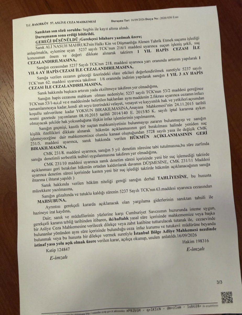 muratagirel's tweet photo. Nasuh Mahruki’ye 1 yıl 3 ay hapis cezası verildi.

Mahkeme, hükmün açıklanmasının geri bırakılmasına (HAGB) karar verdi.

Mahruki hakkında ayrıca tahliye kararı verildi. https://t.co/i1Ivrmf5Pb