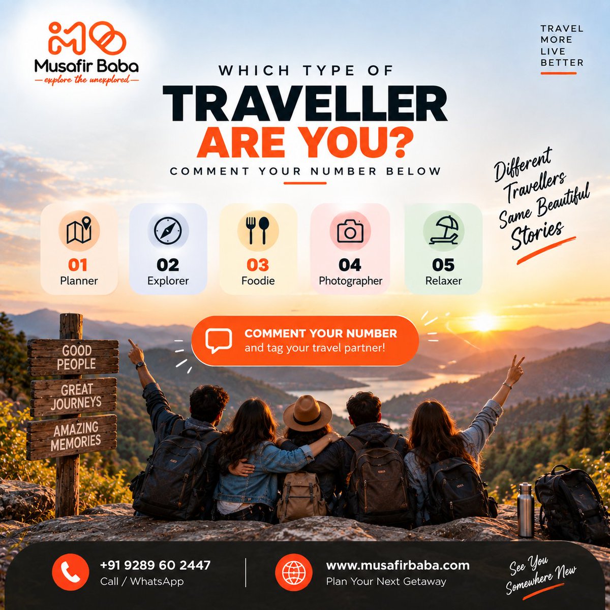 itsmusafirbaba's tweet photo. βοΈ Which type of traveller are you?
01 β The Planner
02 β The Explorer
03 β The Foodie
04 β The Photographer
05 β The Relaxer
Comment your number and tag your travel partner!
π +91 9289602447
π https://t.co/WkDB4xbCd6
#MusafirBaba #TravelPersonality #TravelWithFriends https://t.co/7Jv6LpDFa2
