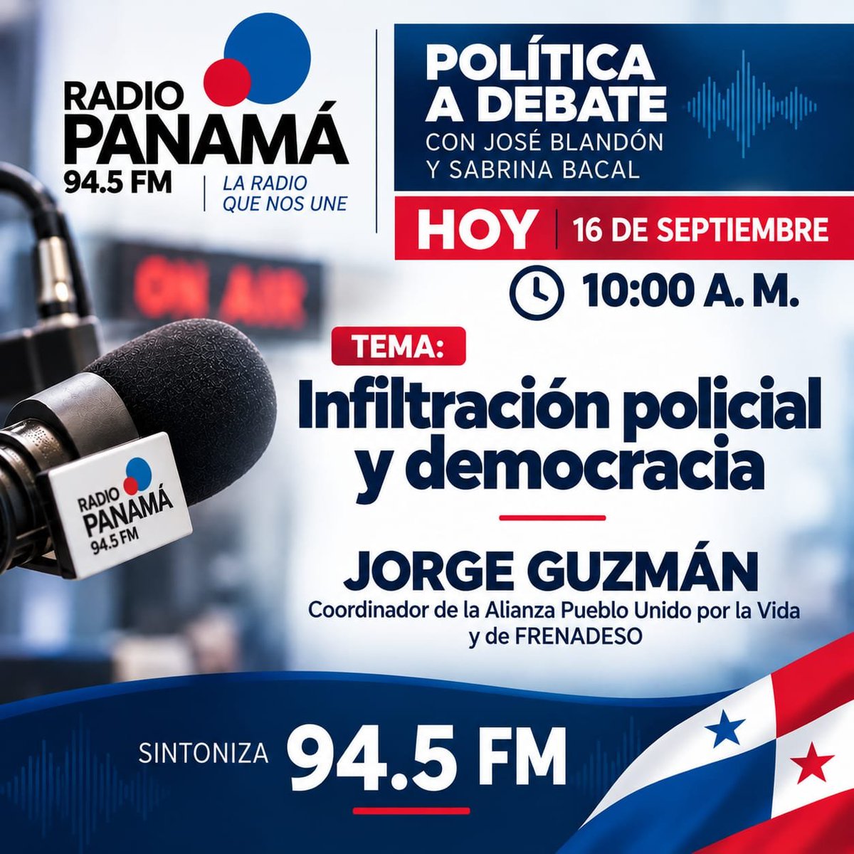 ClaridadPanama1's tweet photo. Atención.
Radio Panamá 10:00 am
94.5 FM
Hoy miércoles 16 de septiembre. https://t.co/JSSI0uzQMh