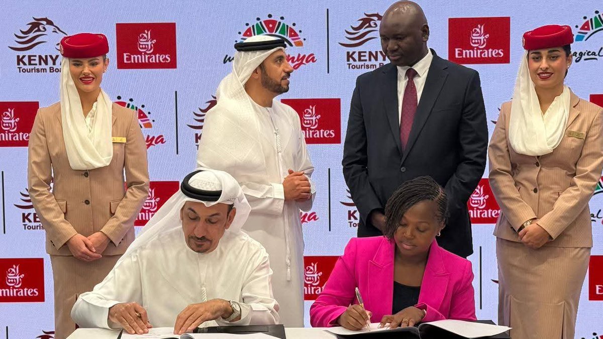 TourismKe__'s tweet photo. Tourism Principal Secretary Amb. (Prof.) @JuliusKBitok today witnessed the signing of a strategic partnership between the Kenya Tourism Board (KTB) and @emirates on the sidelines of the 2026 Arabian Travel Market in Dubai.

The agreement, signed in the presence of KTB Chief Executive Officer @JuneChepkemei and senior Emirates representatives, will deepen collaboration in destination marketing and strengthen Kenya’s connectivity to key international markets through Emirates’ extensive global network.

As Kenya advances its ambition to welcome five million international visitors, strategic partnerships across tourism and aviation remain central to expanding market access, strengthening Kenya’s global destination profile and supporting sustainable growth in the sector.

The partnership reinforces Kenya’s commitment to building stronger global connections and positioning the country as an accessible, competitive and compelling destination.
#MagicalKenya
#ArabianTravelMarket2026