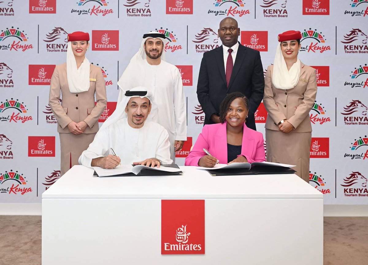TourismKe__'s tweet photo. Tourism Principal Secretary Amb. (Prof.) @JuliusKBitok today witnessed the signing of a strategic partnership between the Kenya Tourism Board (KTB) and @emirates on the sidelines of the 2026 Arabian Travel Market in Dubai.

The agreement, signed in the presence of KTB Chief Executive Officer @JuneChepkemei and senior Emirates representatives, will deepen collaboration in destination marketing and strengthen Kenya’s connectivity to key international markets through Emirates’ extensive global network.

As Kenya advances its ambition to welcome five million international visitors, strategic partnerships across tourism and aviation remain central to expanding market access, strengthening Kenya’s global destination profile and supporting sustainable growth in the sector.

The partnership reinforces Kenya’s commitment to building stronger global connections and positioning the country as an accessible, competitive and compelling destination.
#MagicalKenya
#ArabianTravelMarket2026