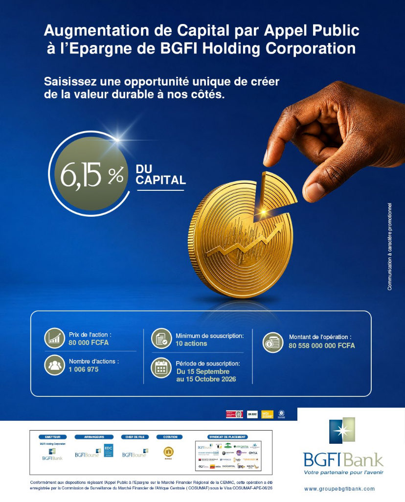 BGFIBOURSE2024's tweet photo. 📢 Augmentation de capital par appel public à l’épargne de BGFI Holding Corporation

Du 15 sept. au 15 oct. 2026 :

🔹 1 006 975 actions
🔹 80 000 FCFA/action
🔹 80,558 Mds FCFA
🔹 6,15 % du capital
🔹 Minimum : 10 actions

BGFI Bourse, arrangeur et chef de file, accompagne cette opération aux côtés d’EDC Investment Corporation.

👉 https://t.co/TZk26KpLbr

#BGFIBourse #BGFIHolding #APE #MarchéFinancier