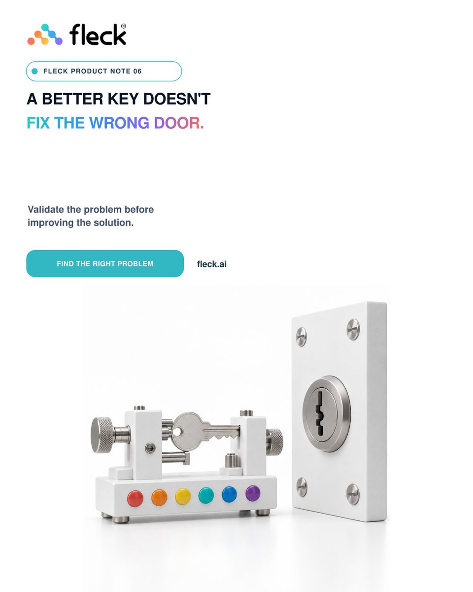 Fleck_AI's tweet photo. Teams can spend months polishing the solution to the wrong problem. Better execution cannot rescue weak problem selection.
Fleck helps validate the opportunity before the team commits to the build.
https://t.co/WjZGBO35lY
#Fleck #FleckAI #IdeaValidation #ProductStrategy https://t.co/wvWpIJkzqW