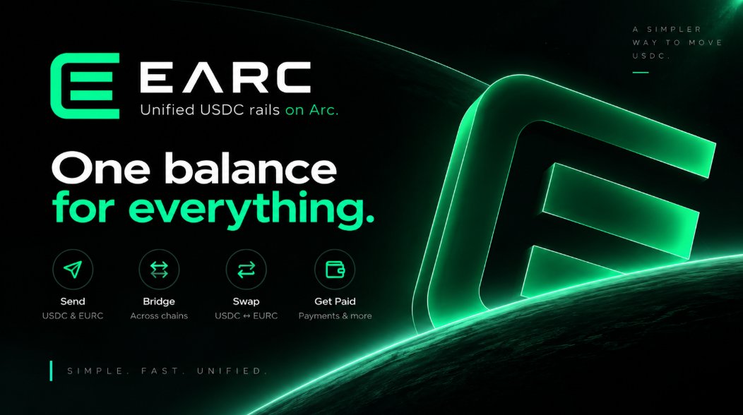 useEARC's tweet photo. Meet EARC.

A unified USDC layer built for Arc.

One balance. One interface.
Send, bridge, swap, and get paid across your USDC flows.
No fragmented balances.
No unnecessary complexity.

USDC, unified.
$EARC https://t.co/xwIPyjxqrF