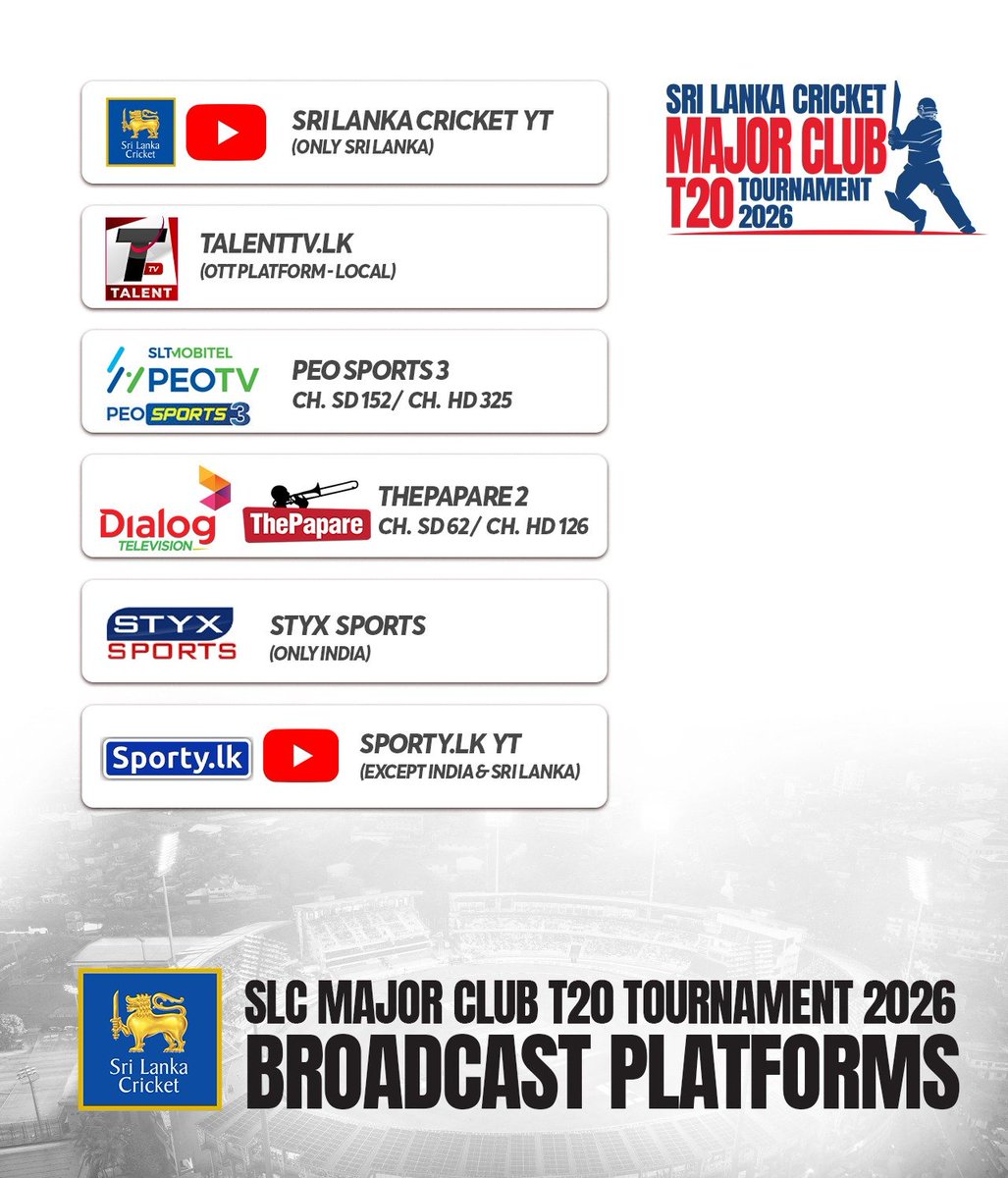 OfficialSLC's tweet photo. SLC Major Club T20 Tournament Finals | Broadcasting Platforms https://t.co/jJvnvBHE6I