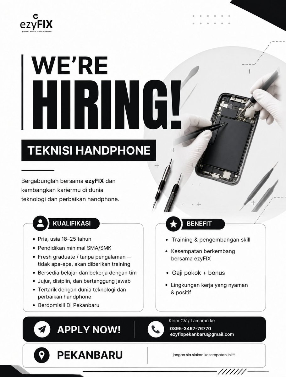 ezyfixpekanbaru's tweet photo. WE’RE HIRING! 🔧
Bergabung bersama ezyFIX sebagai Teknisi Handphone.

📍 Pekanbaru
📲 0895-3467-76770
📩 ezyfixpekanbaru@gmail.com

Kirim CV kamu sekarang dan mulai kariermu bersama ezyFIX!

#lokerterbaru #teknisi #infoloker https://t.co/U9gt3JGfs3