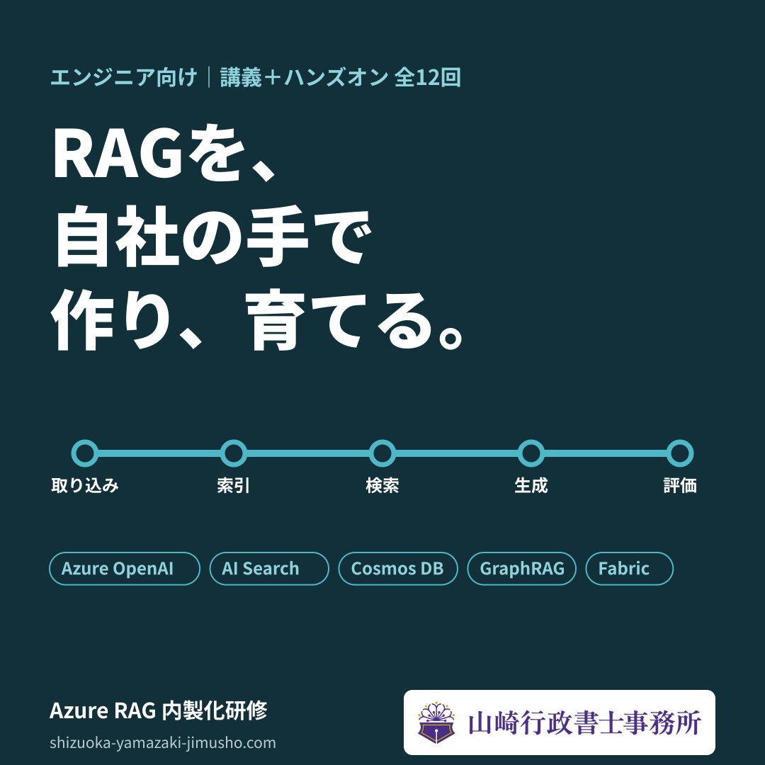 shizuokagyousei's tweet photo. RAGを、自社の手で作り、育てる。Azure OpenAI・AI Search・Cosmos DBを使ったRAG構築を、講義とハンズオンで身につけるエンジニア向け研修（全12回）です。GraphRAG・Microsoft Fabricまで扱います。
#AzureOpenAI #RAG #生成AI https://t.co/g3HHsEDfT7