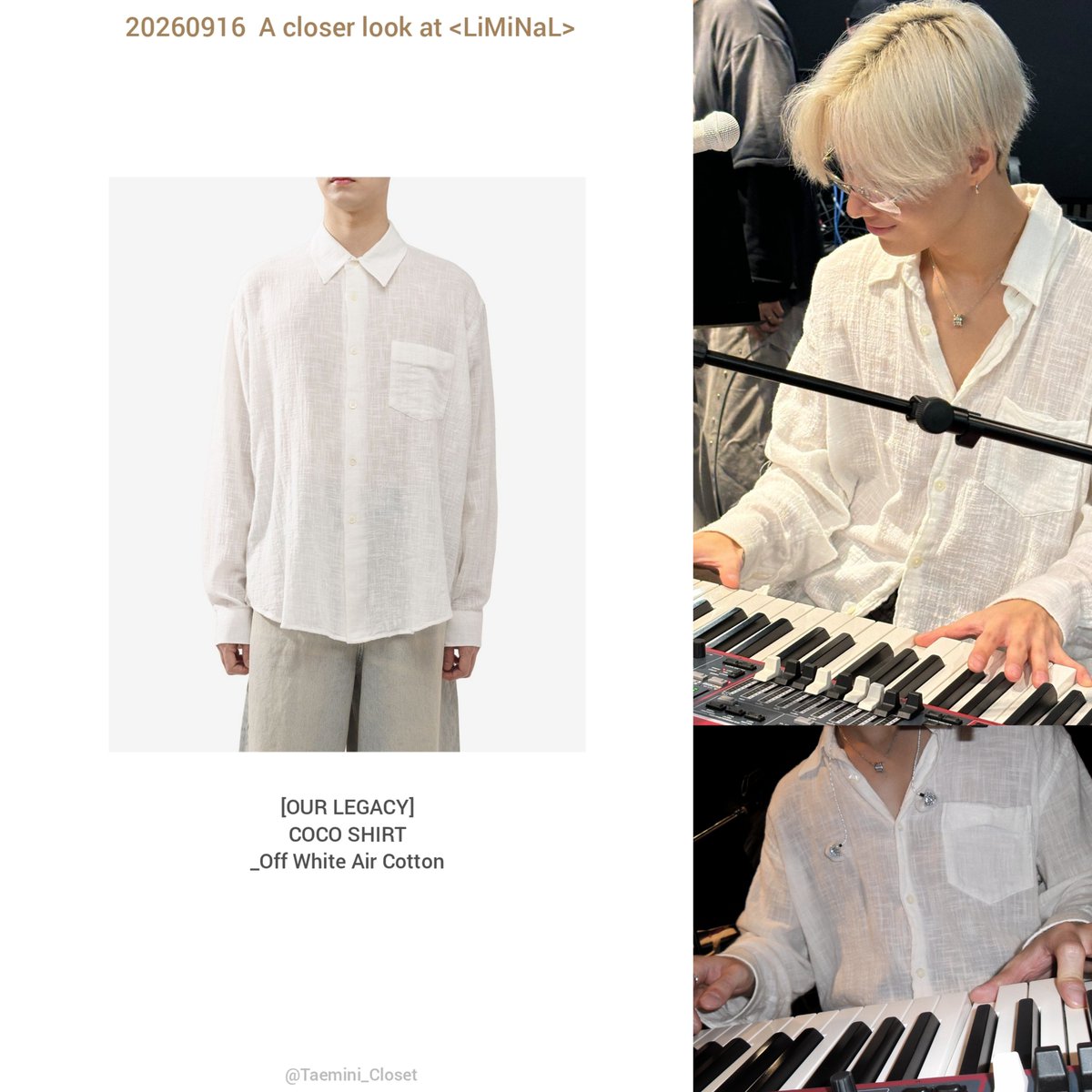 Taemini_Closet's tweet photo. 260916 오늘의 태민이 착장
_ A closer look at <LiMiNaL>

▶️ [OUR LEGACY] 
COCO SHIRT _ Off White Air Cotton

#태민 #TAEMIN #テミン #泰民 https://t.co/j2cIpoPWrn