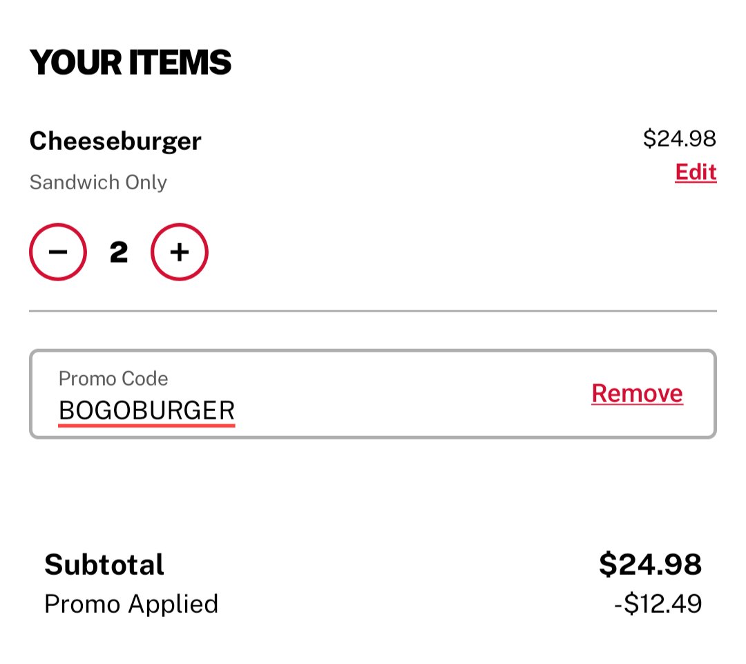 GlitchedDeals's tweet photo. FREE CHEESEBURGERS AT FIVE GUYS

Buy one, get one free with code 'BOGOBURGER'

Claim via the app, must be logged in https://t.co/6HzGPgdOfj