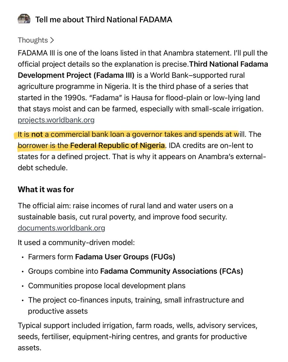 TimedFrank's tweet photo. Guys, the eight loans in this Anambra document are not loans that Anambra State government under H. E. Peter Obi INDEPENDENTLY went into the international market and borrowed DIRECTLY from foreign lenders.

These are FEDERAL GOVERNMENT loans so there is no way Peter Obi “borrowed for frivolous things”.

For example, NEWMAP was a Federal Government/World Bank project involving Anambra and other states. The World Bank documentation identifies the Federal Republic of Nigeria as receiving the IDA credit, with Anambra’s State Project Management Unit implementing the Anambra component.

Fadama III involves financing arrangement in which the Federal Government secured the loan while the states contributed counterpart funding.

These loans were neither INDEPENDENTLY or PERSONALLY sourced by the administration of Peter Obi.

Don’t let them trick you oh.