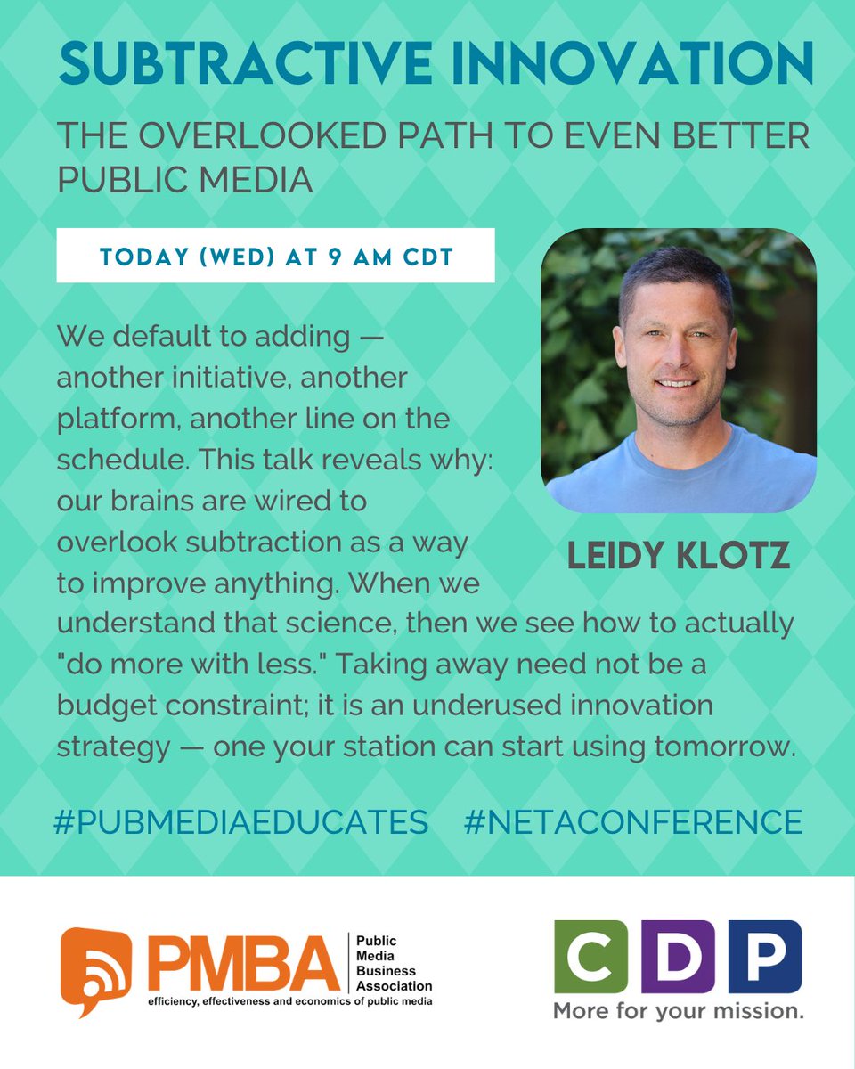 NETA_Tweets's tweet photo. The Subtractive Innovation: The Overlooked Path to Even Better Public Media keynote with Leidy Klotz begins in 10 minutes. Please join us in the ballroom or online. 
#PubMediaEducates #NETAconference https://t.co/Kcrvvfqb9A