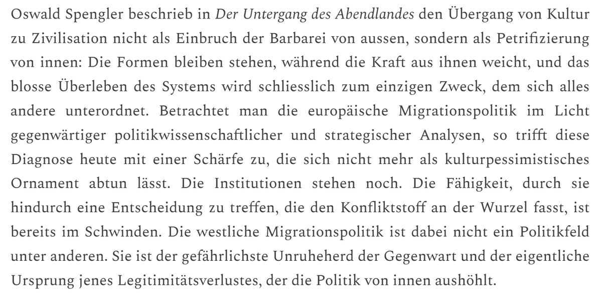 funkaufklaerer's tweet photo. Unsere Institutionen stehen noch. Die Fähigkeit, durch sie hindurch eine Entscheidung zu treffen, schwindet. Spenglers Diagnose der Petrifizierung ist heute keine Kulturpessimismus-Floskel mehr, sondern die Beschreibung der europäischen Staatsführung. https://t.co/tObLH2wMJ6
