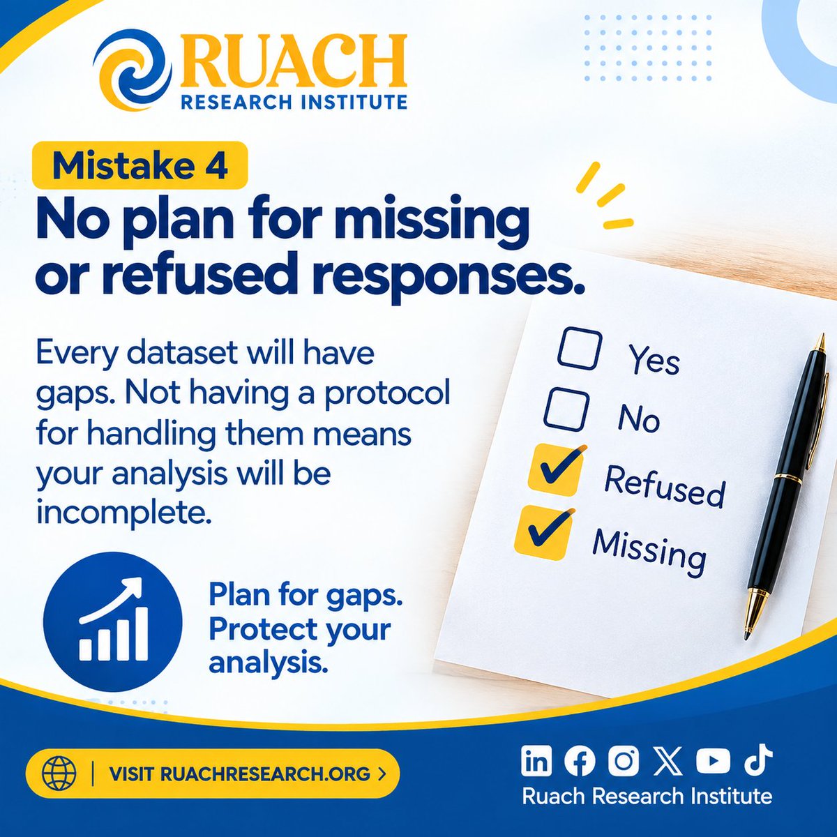 RuachResearch's tweet photo. Every dataset has gaps. That's not the problem.

The problem is not having a plan for them.

Plan for the gaps before you collect a single response.

#gaps #data #surveys #dataset #plan #mistake #facebookviral #Analysis #questionnaire #surveyquestionnaire #ruachresearchinstitute https://t.co/biGTiVv8kF