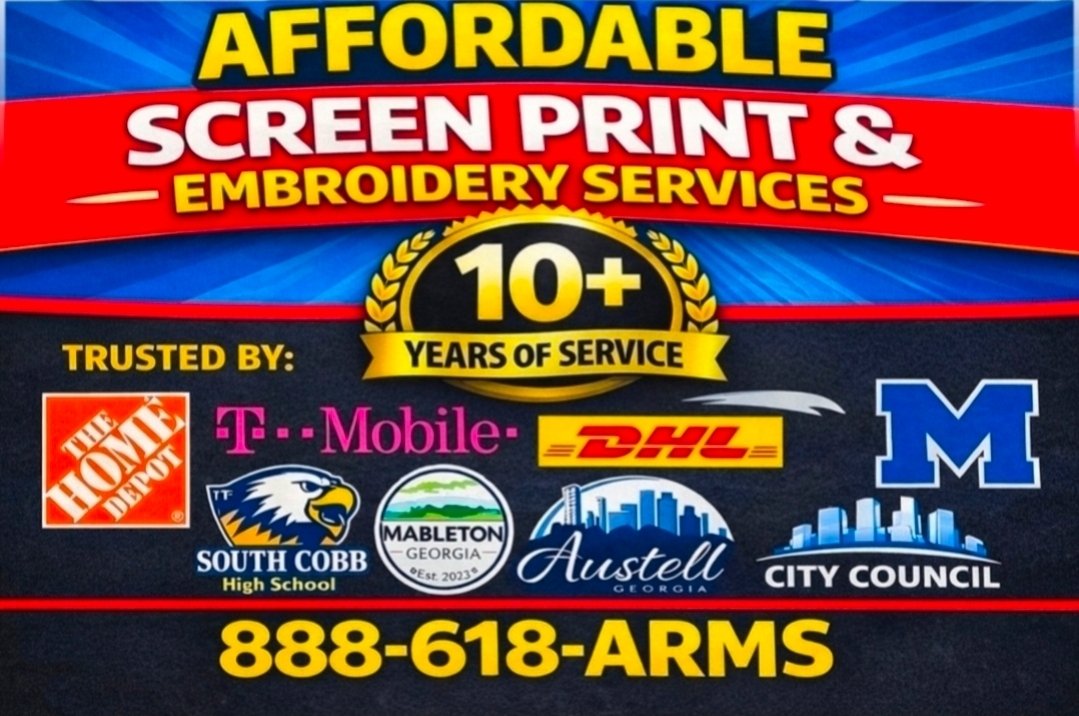ARMS_Atlanta's tweet photo. Your local provider for affordable screenprint and embroidered merchandise (888)618-ARMS 👕 https://t.co/b6MxjgKOFd