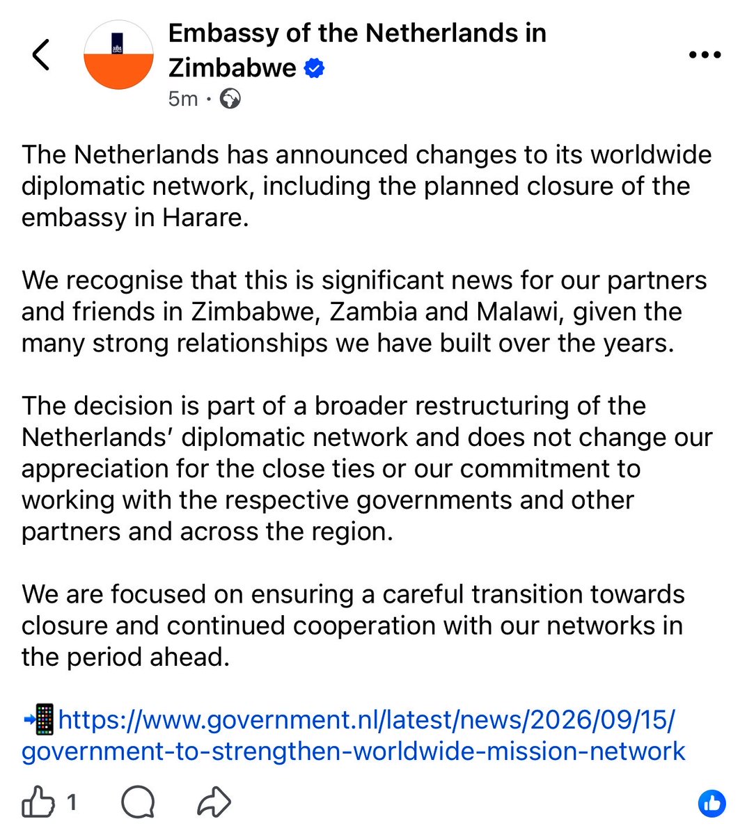 zimlive's tweet photo. The Netherlands is closing its embassy in Harare. A statement by the embassy, just released, says “the decision is part of a broader restructuring of the Netherlands’ diplomatic network.” Sweden has also announced the closure of its embassy in Harare https://t.co/OuPizvLXSI