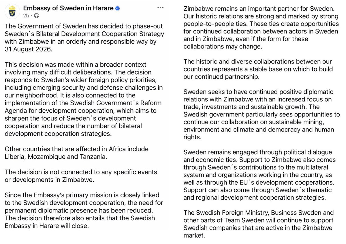 zimlive's tweet photo. The Netherlands is closing its embassy in Harare. A statement by the embassy, just released, says “the decision is part of a broader restructuring of the Netherlands’ diplomatic network.” Sweden has also announced the closure of its embassy in Harare https://t.co/OuPizvLXSI