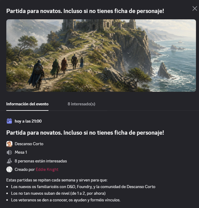 DescansoCorto's tweet photo. Cada semana, para todos los jugadores nuevos que han entrado en nuestro Discord, una partida de 2h+ para que disfruten, aprendan y se enganchen a este mundillo.

Quieres formar parte?
Compartenos con tus contactos!

Ayúdanos a llegar a más gente para que se lo pasen bien!

#DnD https://t.co/Tg1yoPIKwi
