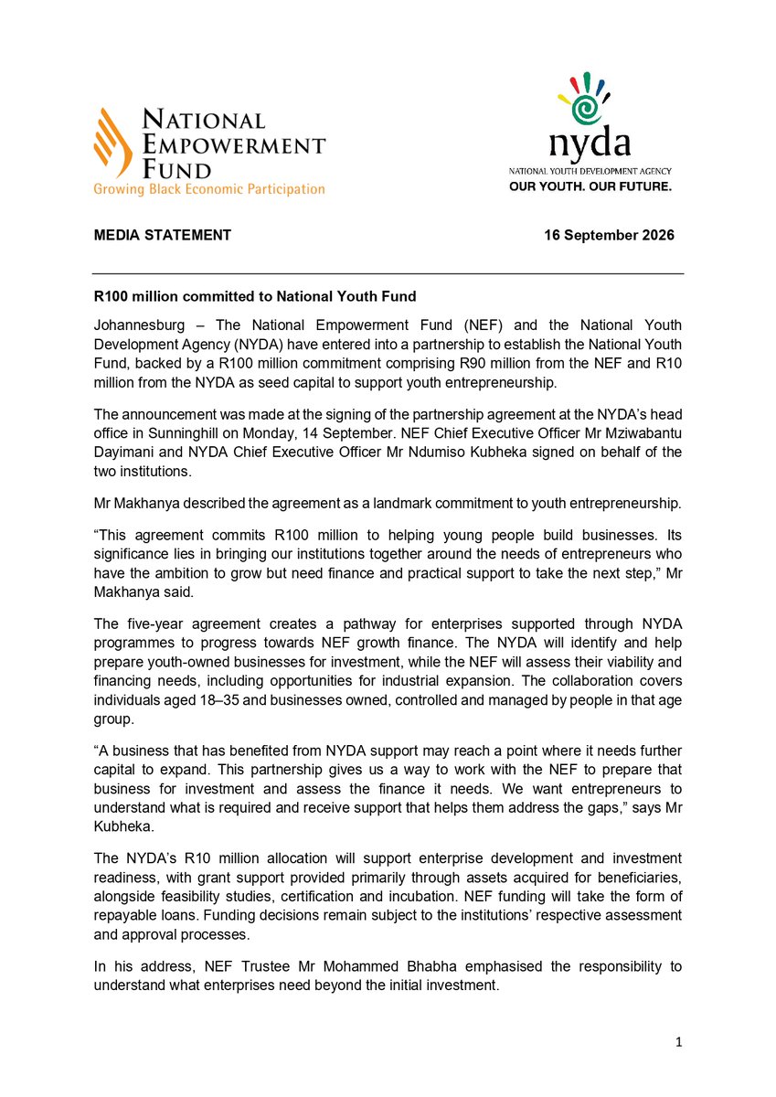 NYDARSA's tweet photo. R100 million committed to youth entrepreneurship.

The National Empowerment Fund (NEF) and the National Youth Development Agency (NYDA) have launched the National Youth Fund, a five-year partnership backed by R100 million to support youth-owned businesses across South Africa.

The fund will help entrepreneurs aged 18–35 access investment readiness support, business development, and growth finance to build sustainable enterprises and create jobs.

#NationalYouthFund #YouthEntrepreneurship #NEF #NYDA #EconomicEmpowerment