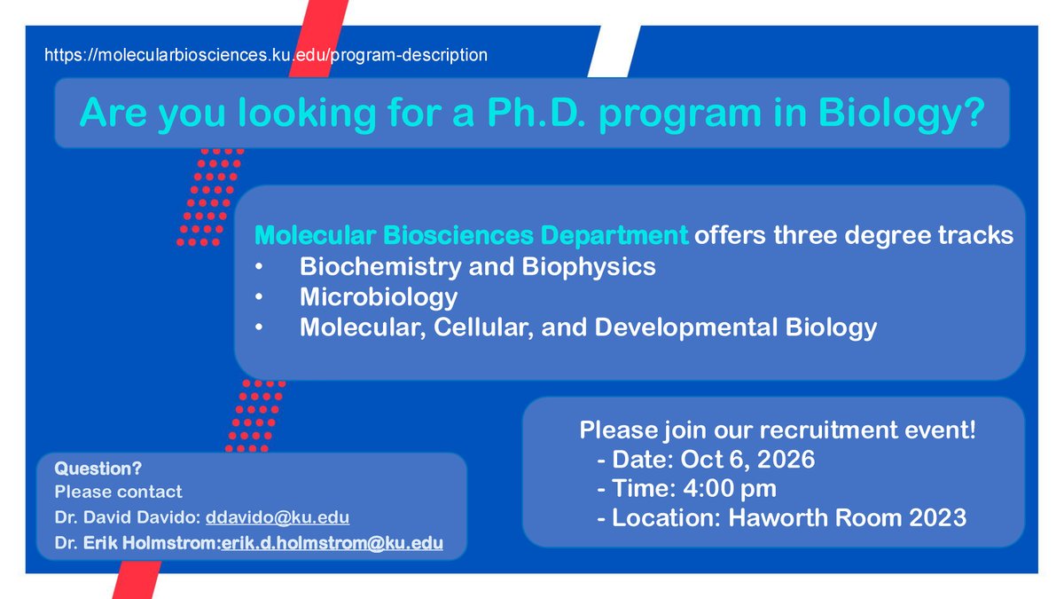 KUbiology's tweet photo. @Kumolbio is hosting a Graduate Program Recruitment Event on October 6, 2026! Join them in Haworth 2023 at 4pm to learn more!

Discover your grad degree st https://t.co/318yEF6GFZ https://t.co/asKfNg71zb