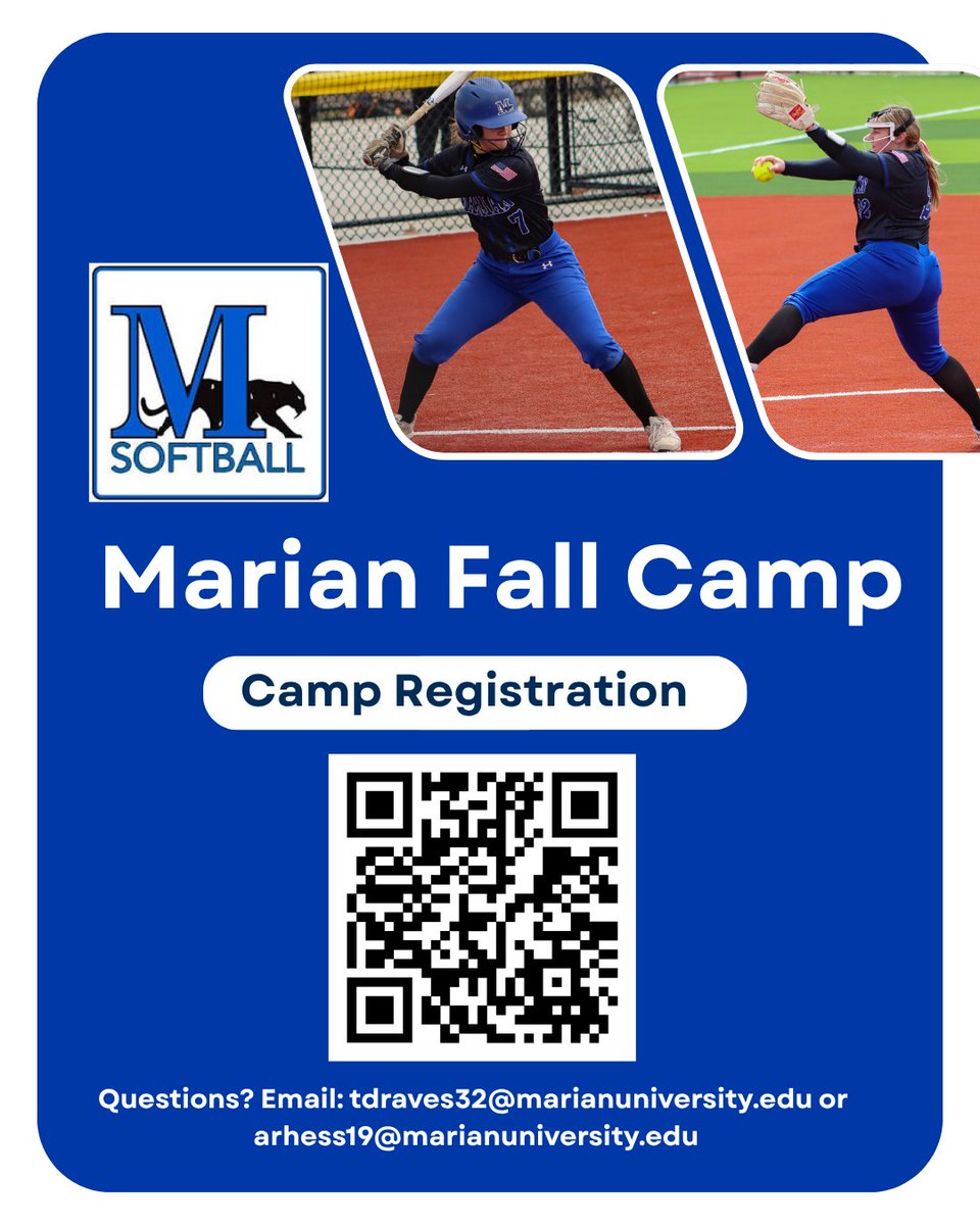 MarianSoftball's tweet photo. Join us on October 4th for our Fall Camp! Register using the QR code or the link below!

We can't wait to meet and work with all of you!

🔗: https://t.co/w85Y3xnFWl https://t.co/t5mtd2Pavj