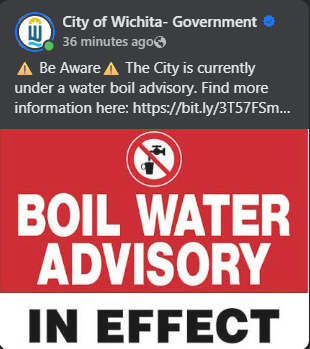 FlyICT's tweet photo. The City of Wichita, including both airports, is issuing a boil water advisory for its water customers. 

More information to come. https://t.co/5OQgg37e2r