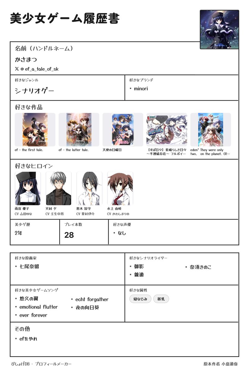 ef_a_tale_of_SK's tweet photo. #美少女ゲーム履歴書 

作り直し

efが1番好きです
ゲームに限らず全ての創作物において1番好きです
efこそが俺の人生
efは旋律
efをやろう
efを語ろう

気軽に絡みに来てください
FF外も歓迎です

本数50近くなったらまた作ります https://t.co/LvnllZKZSl