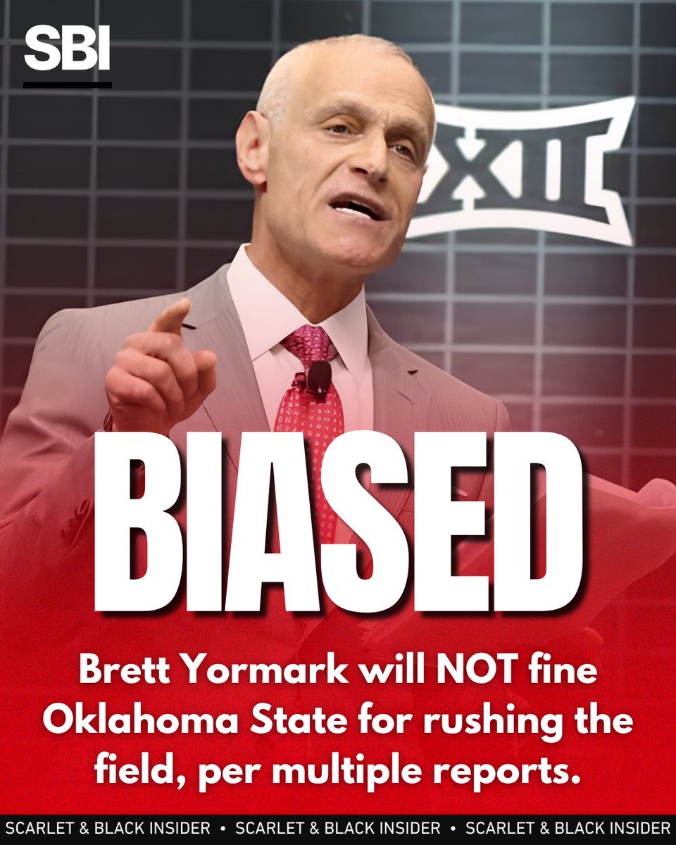 SBInsiderHQ's tweet photo. BIASED | The Big 12 will NOT fine Oklahoma State following a field rush Saturday against Oregon, per multiple reports.

Texas Tech was fined $50,000 in Brett Yormark's first year as commish for rushing the field after defeating Texas. 

This is just ANOTHER instance of Texas Tech being treated differently than the rest of the conference. 

Should Texas Tech leave the Big 12 🤔