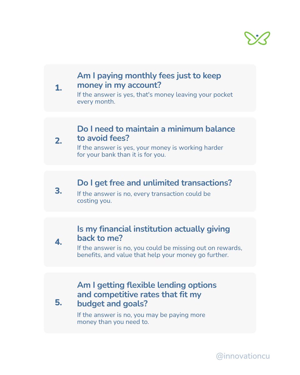 InnovationCU's tweet photo. Your money should be working for you, not the other way around.💚

Swipe through and ask yourself these 5 questions about your financial institution. If you're not loving your answers, it might be time for a change. 👀

✅ No monthly fees just to keep your money there
✅ No minimum balance stress
✅ Free, unlimited transactions
✅ Real rewards and value, not just promises
✅ Lending options that actually fit your life

You deserve a financial institution that's in your corner. 🦋

#InnovationFCU #FinancialWellness #BankBetter #MoneyTips #LocalCreditUnion
