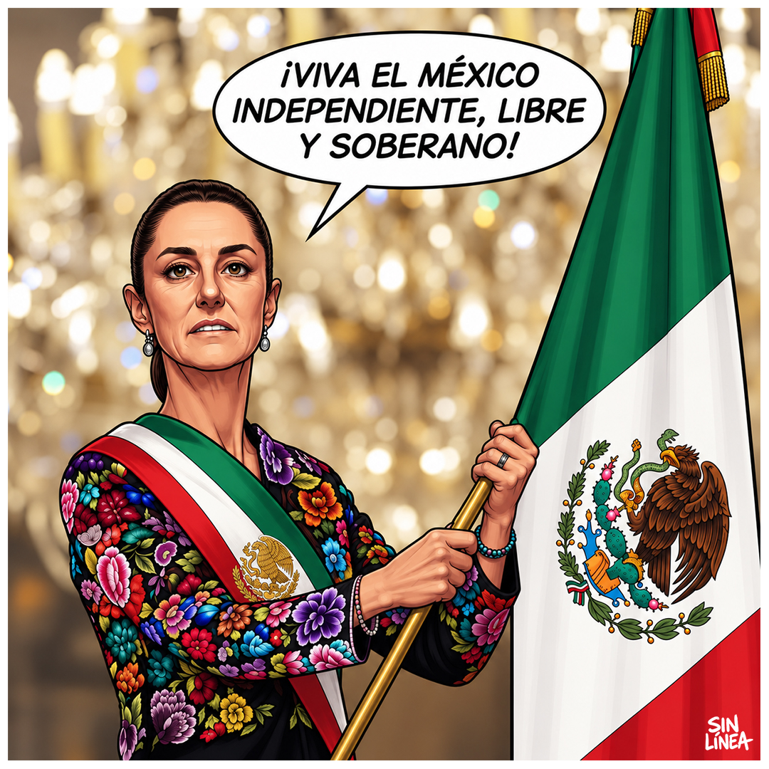 SinLinea_Mx's tweet photo. "Grito de soberanía" | CartonerIA #SinLínea ✍🏻

#Sheinbaum #GritoDeIndependencia #FiestasPatrias https://t.co/npKtfpG8MO