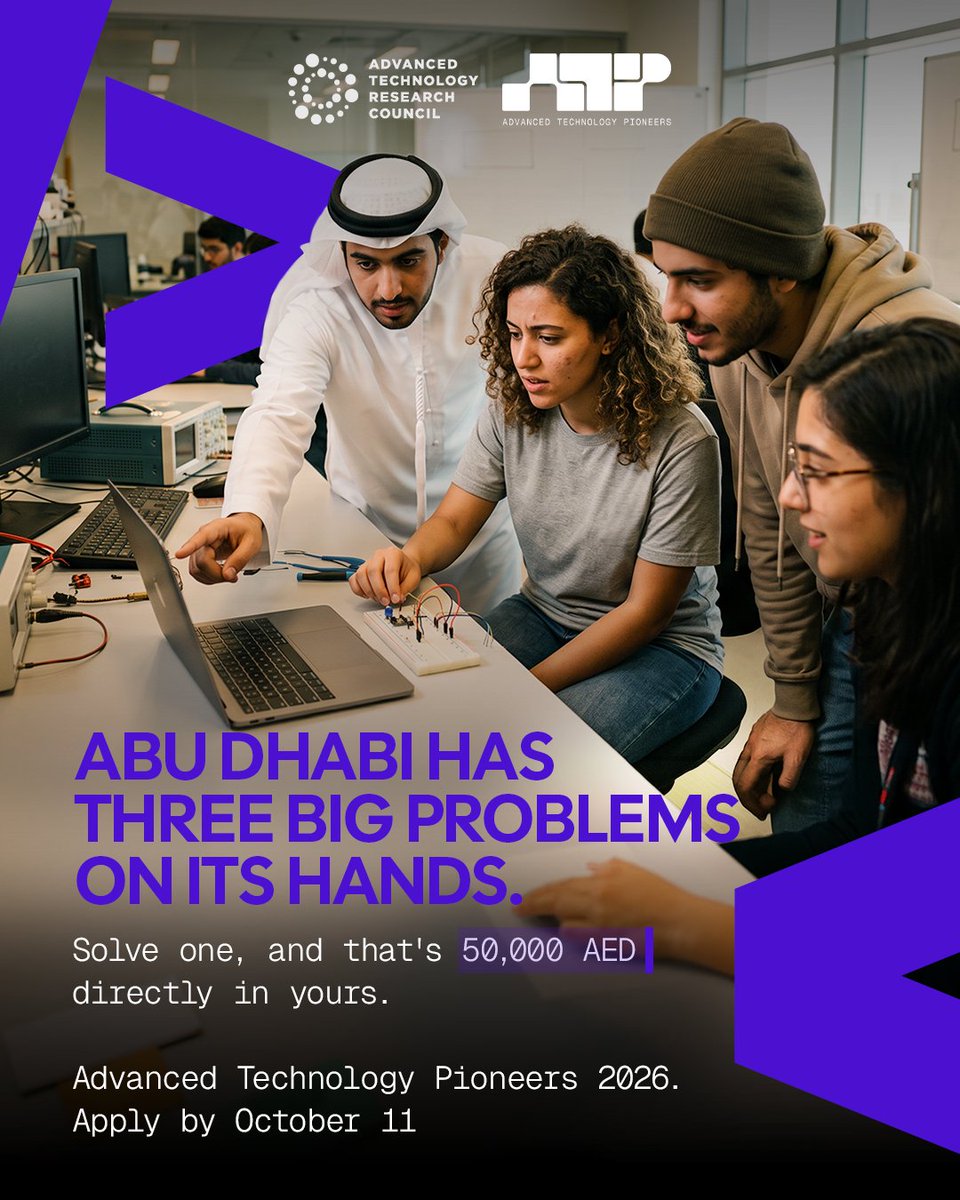 atrcuae's tweet photo. AED 50,000 is up for grabs. 🏆

Solve one of three ATP 2026 challenges from DCT Abu Dhabi, EDGE or ENEC — with additional prizes, internships and placements available.

Apply by 11 October: https://t.co/jinu7W6cjR

#ATP2026 #UAEInnovation https://t.co/uNc7XDeozi