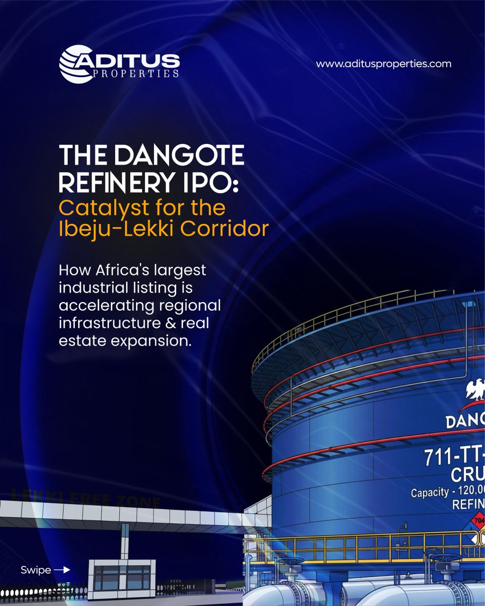 AditusPropertie's tweet photo. THE DANGOTE REFINERY IPO IS OFFICIALLY OPEN AND IT IS A MASSIVE INFRASTRUCTURE CATALYST. 📈

With the ₦2.15 trillion public offer now live on the Nigerian Exchange (NGX), Africa’s largest industrial project is officially open to investors. But beyond the capital market headlines, the economic center of gravity in Lagos is shifting permanently east.

An industrial operation of this scale doesn't exist in a vacuum. It forces rapid infrastructure execution, accelerating the expansion of the Lekki-Epe expressway, powering operations at the Lekki Deep Sea Port, and driving the timeline for the proposed international airport.

When industrial mega-nodes scale, surrounding commercial and residential corridors experience a structural re-rating in value long before the broader market catches on. Smart capital doesn't wait for peak maturity; it positions early along the infrastructure line.

At Aditus Properties, we analyze these macro-economic shifts to help investors position capital in high growth corridors before valuation peaks.

Swipe through for a quick briefing on how industrial scale is driving real estate value across the Ibeju-Lekki and Epe axis.

#DangoteRefinery #IbejuLekki #LagosRealEstate #AssetAllocation #Aditusproperties