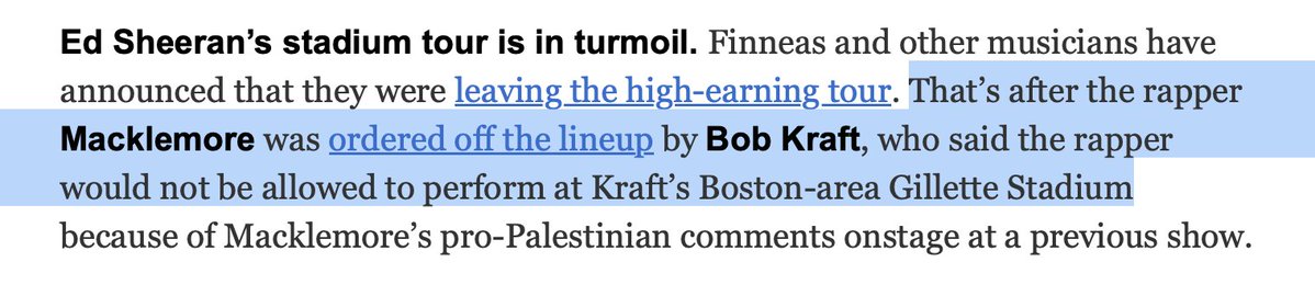 halsinger's tweet photo. This is wild and a significant infringement on free expression, exercised by a sports billionaire owner (Kraft). If you are critical of Israeli policy towards Palestinians, you can be banned from performing at certain venues (Gillette Stadium) in the United States. Yes yes this is not suppression by a government, don't @ me, but by a private entity with government-sized powers.
