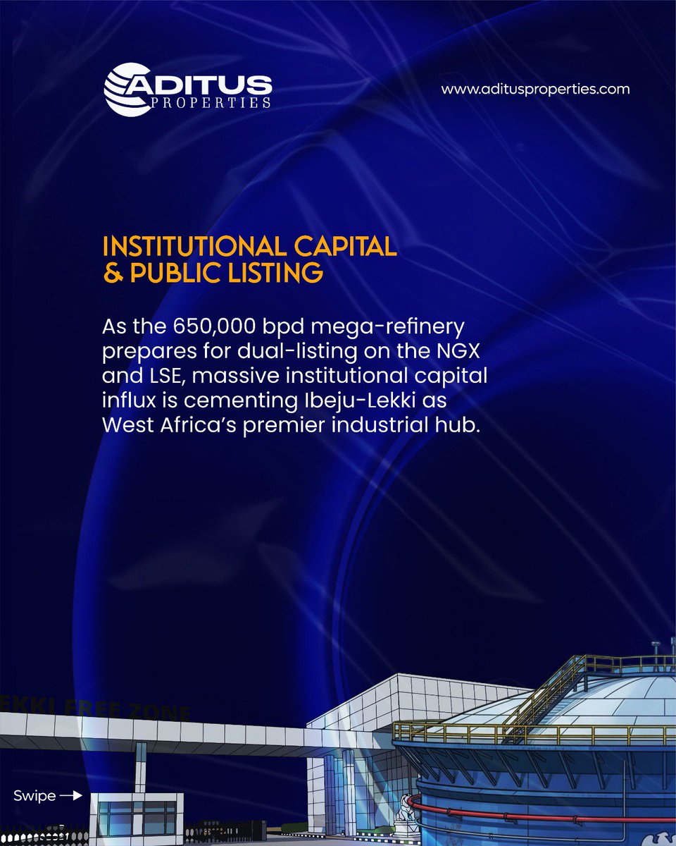 AditusPropertie's tweet photo. THE DANGOTE REFINERY IPO IS OFFICIALLY OPEN AND IT IS A MASSIVE INFRASTRUCTURE CATALYST. 📈

With the ₦2.15 trillion public offer now live on the Nigerian Exchange (NGX), Africa’s largest industrial project is officially open to investors. But beyond the capital market headlines, the economic center of gravity in Lagos is shifting permanently east.

An industrial operation of this scale doesn't exist in a vacuum. It forces rapid infrastructure execution, accelerating the expansion of the Lekki-Epe expressway, powering operations at the Lekki Deep Sea Port, and driving the timeline for the proposed international airport.

When industrial mega-nodes scale, surrounding commercial and residential corridors experience a structural re-rating in value long before the broader market catches on. Smart capital doesn't wait for peak maturity; it positions early along the infrastructure line.

At Aditus Properties, we analyze these macro-economic shifts to help investors position capital in high growth corridors before valuation peaks.

Swipe through for a quick briefing on how industrial scale is driving real estate value across the Ibeju-Lekki and Epe axis.

#DangoteRefinery #IbejuLekki #LagosRealEstate #AssetAllocation #Aditusproperties