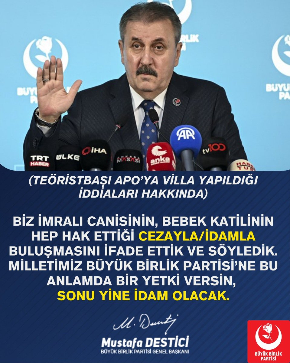 desticinededi's tweet photo. (teöristbaşı apo’ya villa yapıldığı iddiaları hakkında)

Biz İmralı canisinin, bebek katilinin hep hak ettiği cezayla/idamla buluşmasını ifade ettik ve söyledik. Milletimiz Büyük Birlik Partisi’ne bu anlamda bir yetki versin, 
sonu yine idam olacak. https://t.co/ILzMREqXG0